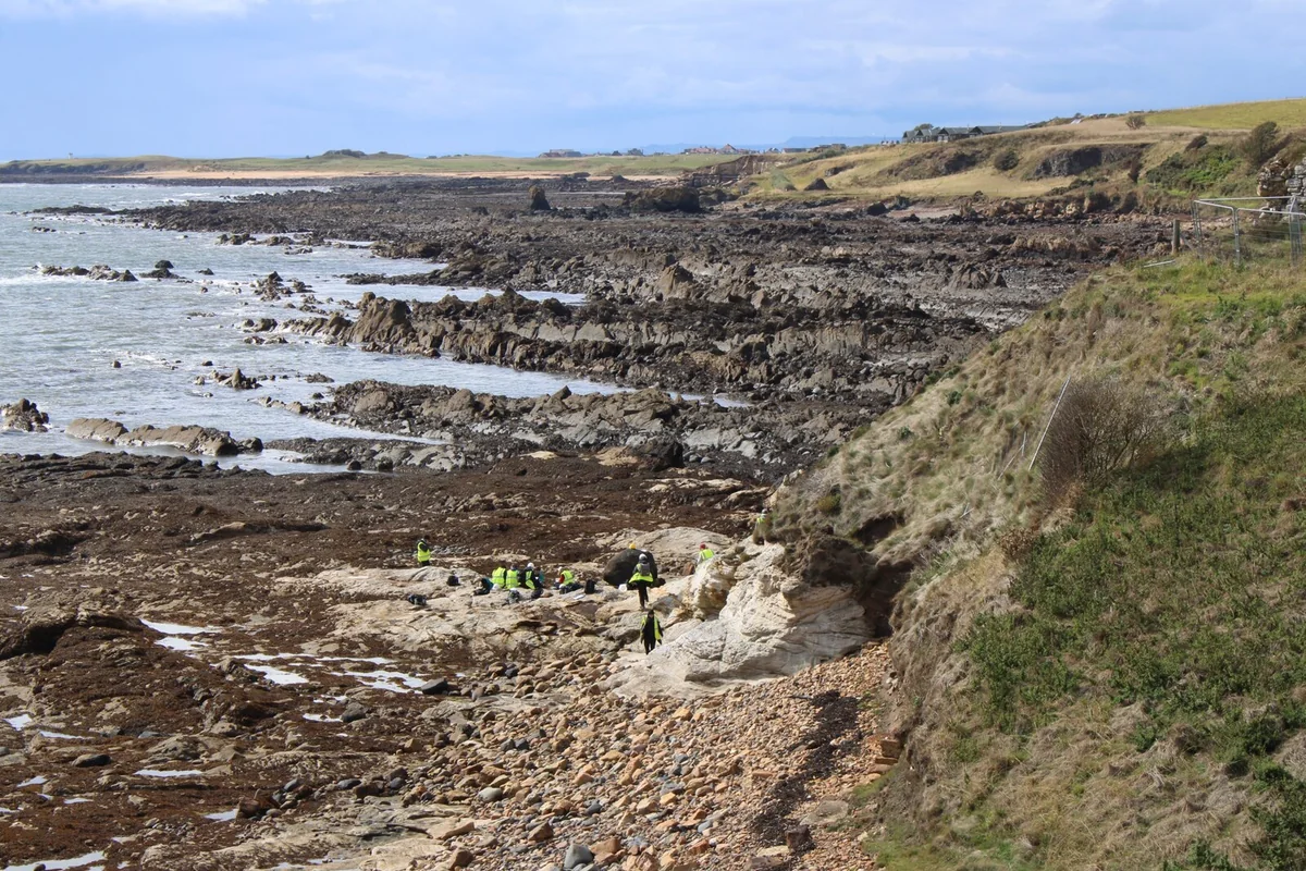 Geologists examining exposed rock during fieldwork